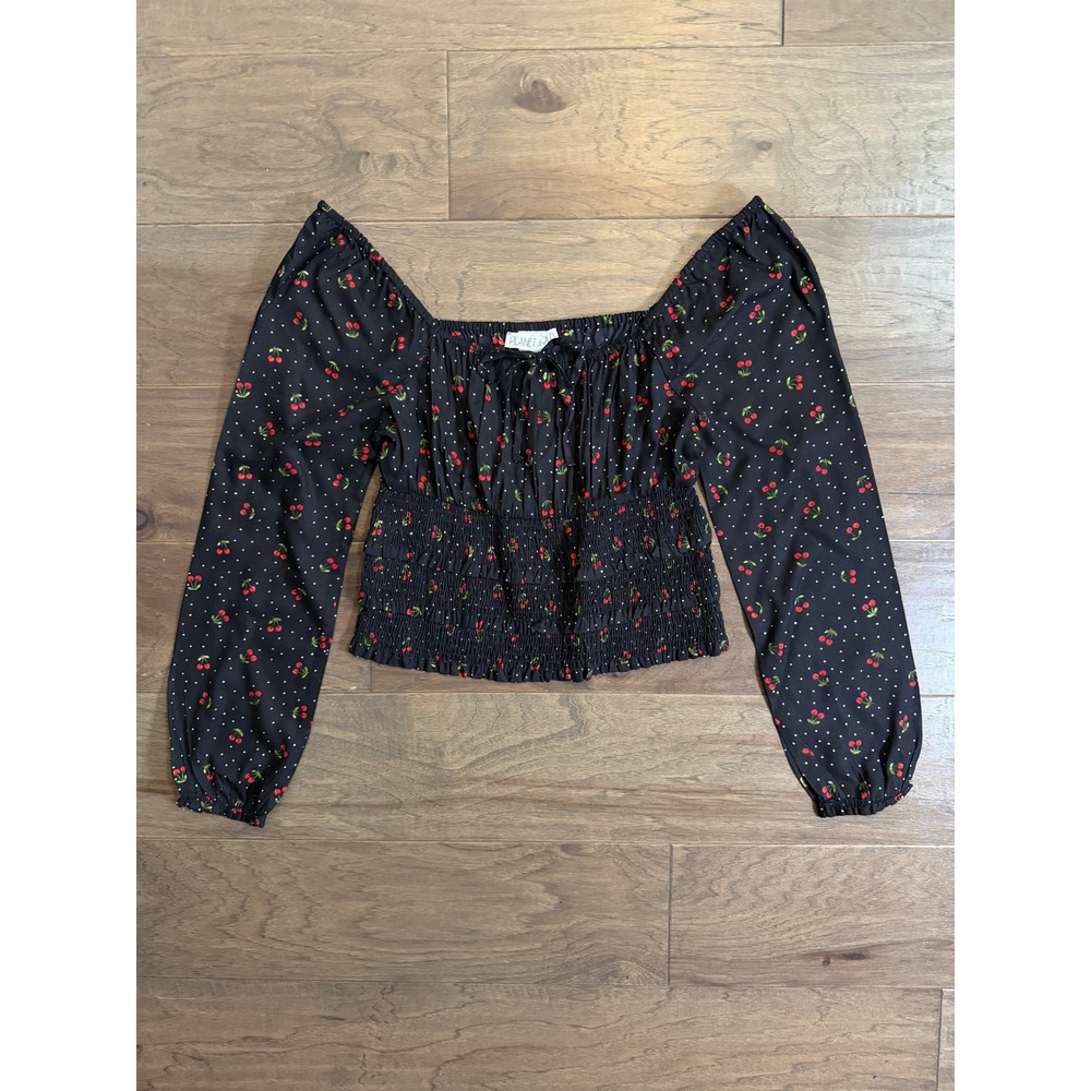 NWT Planet Gold Cherry Polka Dot Square Neck Smocked Top Black Medium NEW